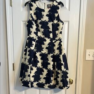 Vince Camuto Blue and Cream Pleated Dress